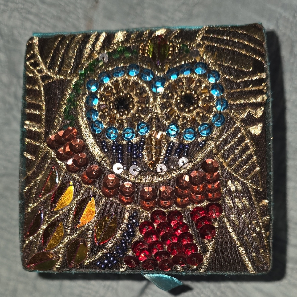 Pier 1 Teal, Gold & Red Beaded Owl Jewelry Box